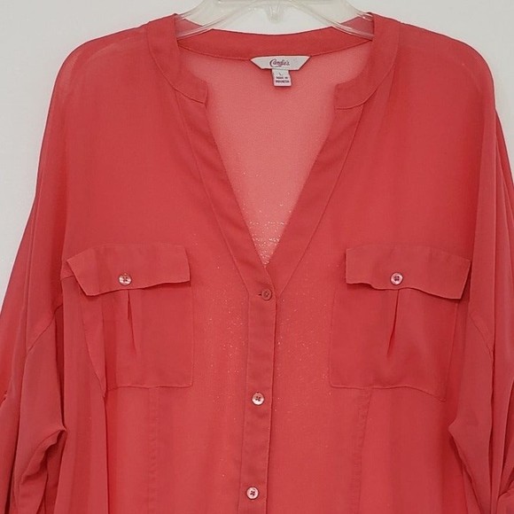 Candie's Women's Hi Low Long Sleeve Sheer Button Down Blouse, Size Large - Picture 4 of 10